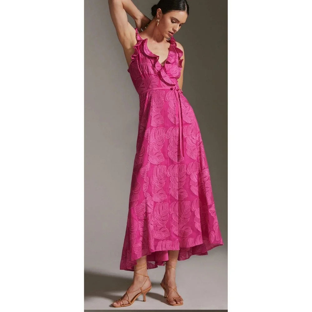 Hutch Anthropologie Tropical Leaf Ruffle Maxi Dress Cruise Large Summer A6
